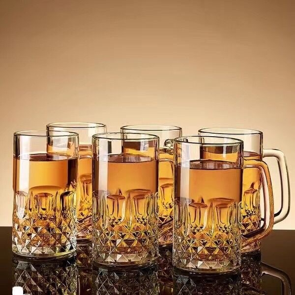 Pahar de bere 500 ml, sticlă groasă, cu mâner, pentru uz casnic și în bar