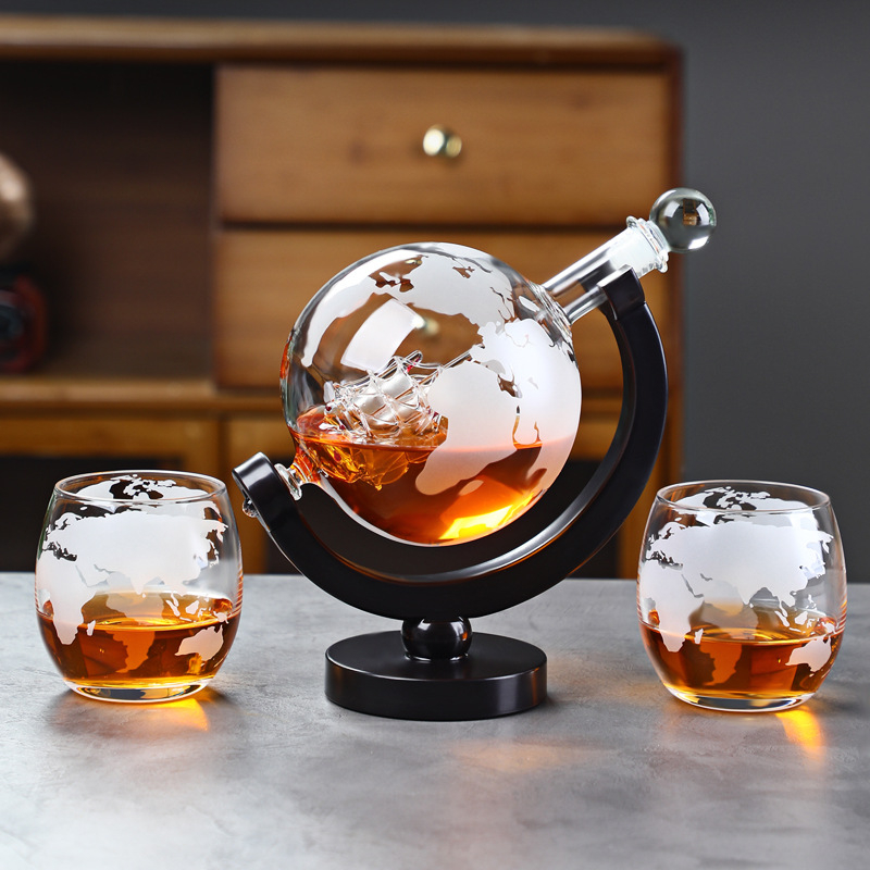 Set de decantare pentru whisky în formă de glob, cu sticlă de whisky și distribuitor – set luxos pentru bar