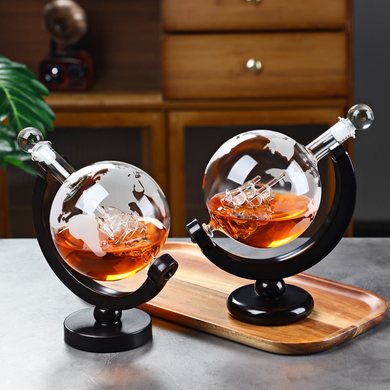 Set de decantare pentru whisky în formă de glob, cu sticlă de whisky și distribuitor – set luxos pentru bar