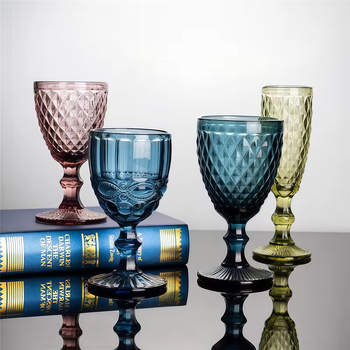 Pahar de vin roșu din sticlă colorată, cu tulpină groasă și cupă înaltă, relief retro, pahar de șampanie elegant