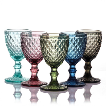 Pahar de vin roșu din sticlă colorată, cu tulpină groasă și cupă înaltă, relief retro, pahar de șampanie elegant