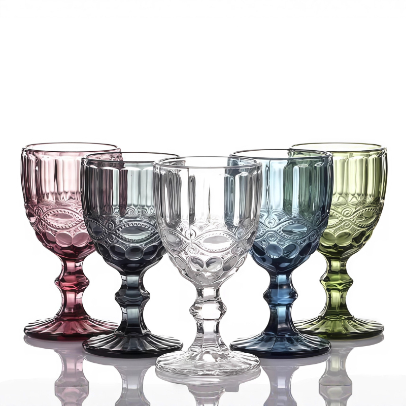 Pahar de vin roșu din sticlă colorată, cu tulpină groasă și cupă înaltă, relief retro, pahar de șampanie elegant