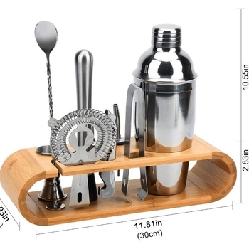 Set de 10 piese din oțel inoxidabil pentru barman, cu raft din lemn, pentru barul de acasă