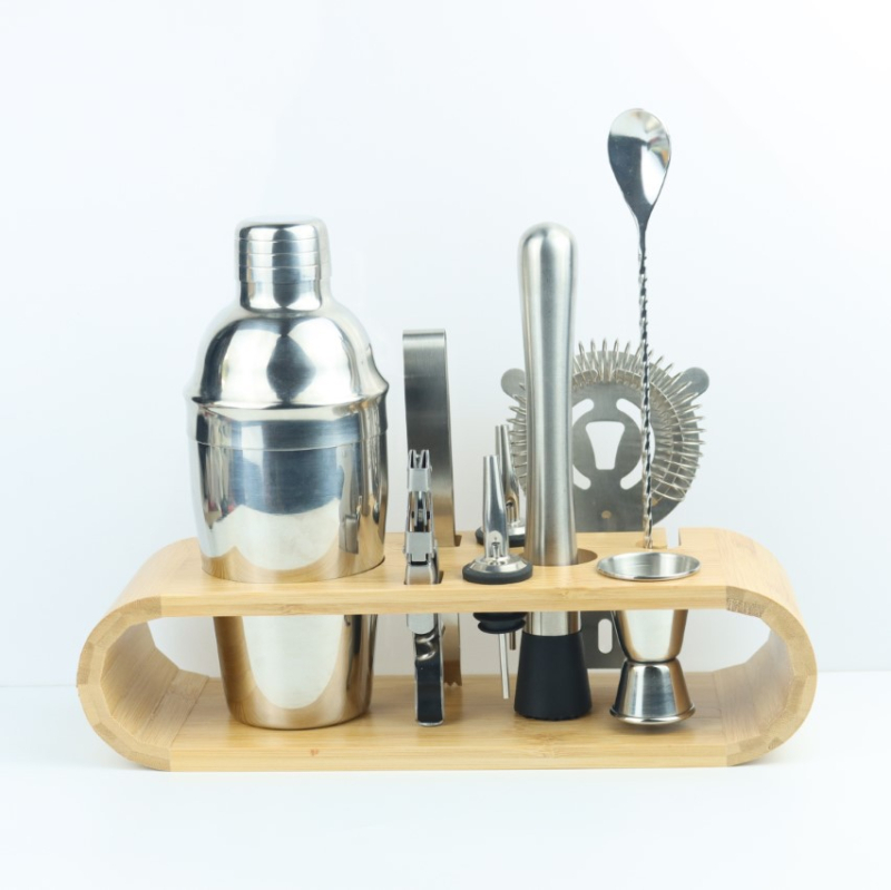 Set de 10 piese din oțel inoxidabil pentru barman, cu raft din lemn, pentru barul de acasă