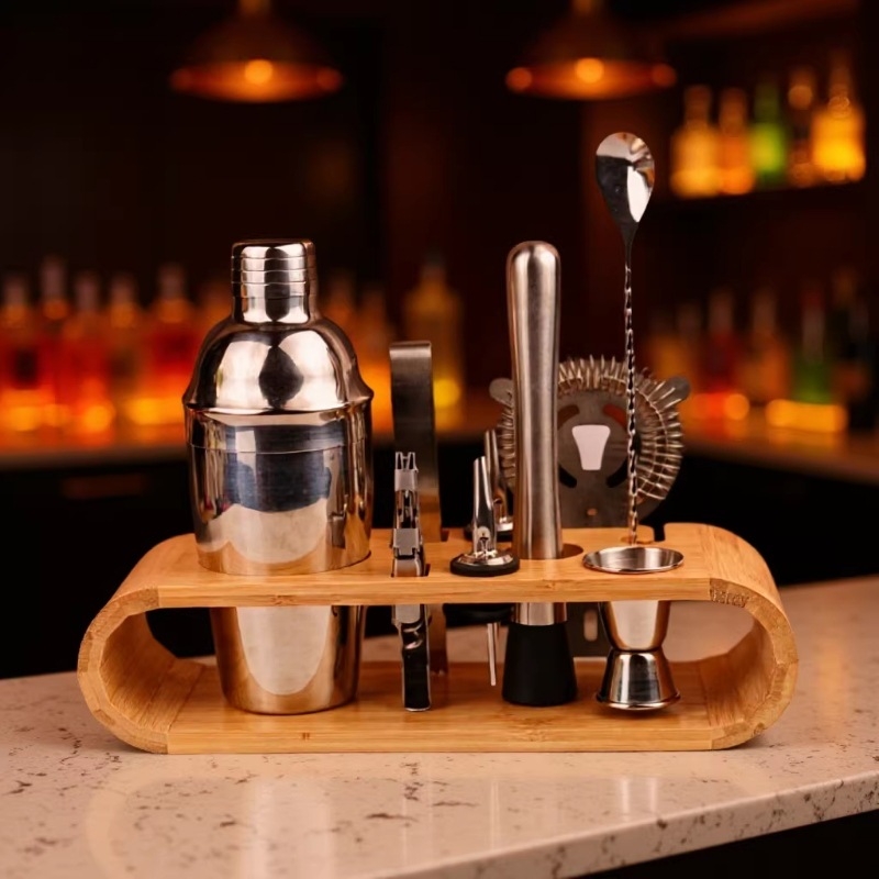 Set de 10 piese din oțel inoxidabil pentru barman, cu raft din lemn, pentru barul de acasă