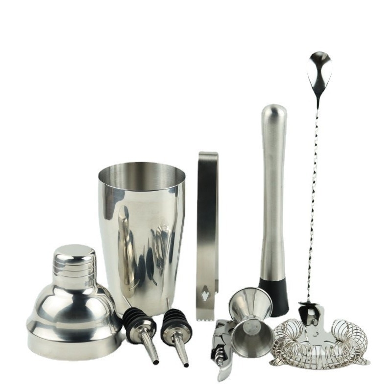 Set de 10 piese din oțel inoxidabil pentru barman, cu raft din lemn, pentru barul de acasă