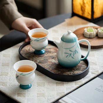 Set de ceai Tang-Song în cutie cadou, Ninglan Lanjing un ceainic și două cești, ceai Kung Fu, ceramică, pictură manuală, stil ușor lux, portabil pentru două persoane
