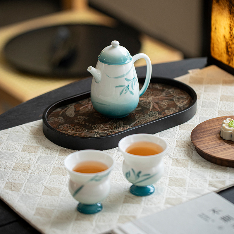 Set de ceai Tang-Song în cutie cadou, Ninglan Lanjing un ceainic și două cești, ceai Kung Fu, ceramică, pictură manuală, stil ușor lux, portabil pentru două persoane
