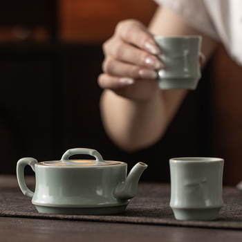 Ceainic ceramic cu glazură albastru cer, Ru Kiln, design cu segmente de bambus, pentru uz casnic, set Kung Fu ceai ceramic, o singură oală, cadou