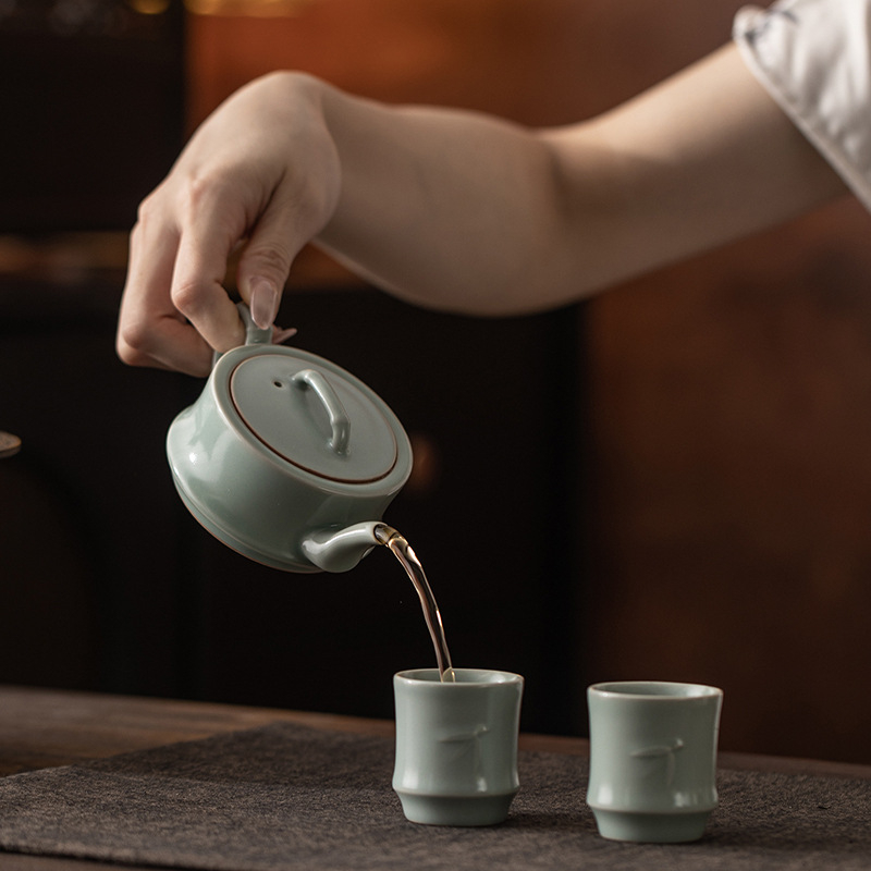 Ceainic ceramic cu glazură albastru cer, Ru Kiln, design cu segmente de bambus, pentru uz casnic, set Kung Fu ceai ceramic, o singură oală, cadou