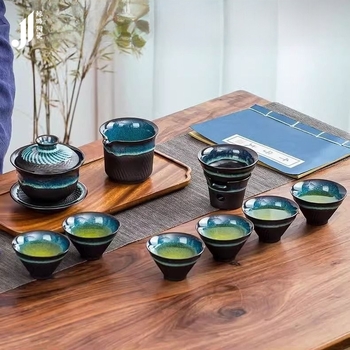 Set gaiwan din porțelan cu glazură Tianmu Sancai, copt în cuptor, pentru 2–6 persoane, set Gongfu de ceai