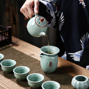 Ge Ware Zen Gongfu set ceai cu ceainic și cești, glazură cu fisuri de gheață; ceramică; cutie cadou; 6 persoane; cadou pentru inaugurări, sărbători și ocazii de afaceri.