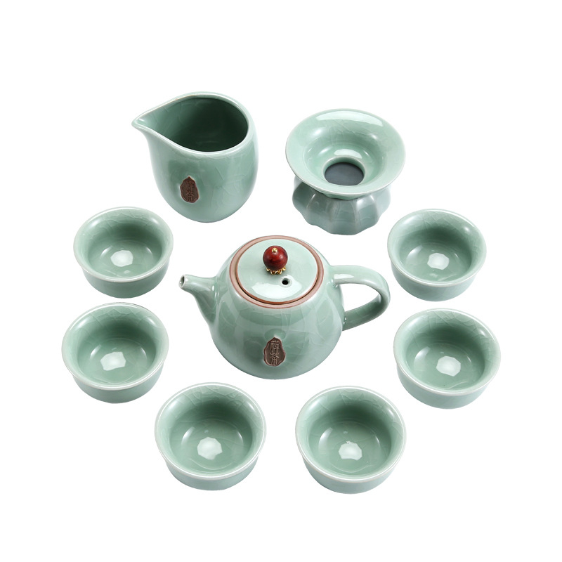 Ge Ware Zen Gongfu set ceai cu ceainic și cești, glazură cu fisuri de gheață; ceramică; cutie cadou; 6 persoane; cadou pentru inaugurări, sărbători și ocazii de afaceri.