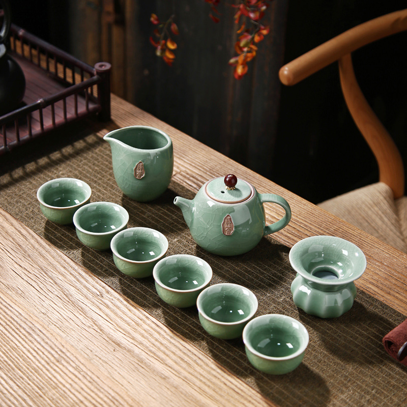 Ge Ware Zen Gongfu set ceai cu ceainic și cești, glazură cu fisuri de gheață; ceramică; cutie cadou; 6 persoane; cadou pentru inaugurări, sărbători și ocazii de afaceri.