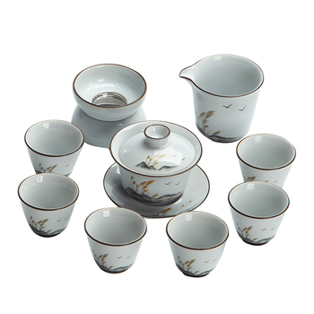 Set ceai Guan Kiln cu boluri ceramice cu capac, stil național, cutie cadou, pentru 6 persoane