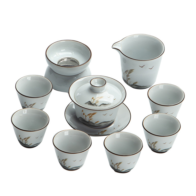 Set ceai Guan Kiln cu boluri ceramice cu capac, stil național, cutie cadou, pentru 6 persoane