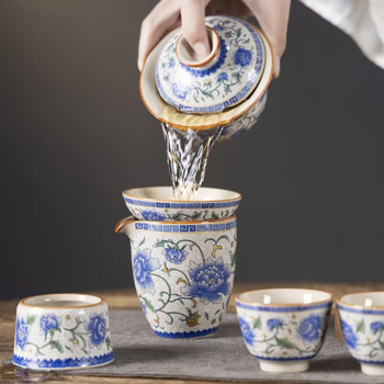 Set Gongfu de ceai din porțelan Ru Kiln albastru-alb – ceainic și cești pentru uz casnic, cadou premium pentru birou