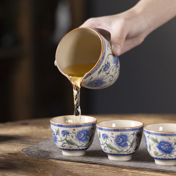 Set Gongfu de ceai din porțelan Ru Kiln albastru-alb – ceainic și cești pentru uz casnic, cadou premium pentru birou