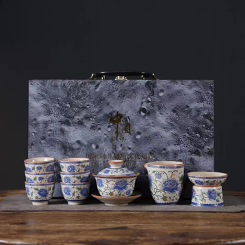 Set Gongfu de ceai din porțelan Ru Kiln albastru-alb – ceainic și cești pentru uz casnic, cadou premium pentru birou