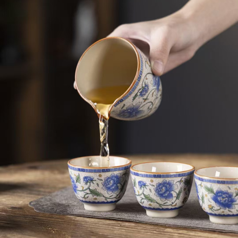 Set Gongfu de ceai din porțelan Ru Kiln albastru-alb – ceainic și cești pentru uz casnic, cadou premium pentru birou