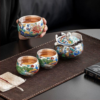 Set Gongfu de ceai de înaltă calitate, ceainic din porțelan și cești, finisaj emailat auriu-argintiu, cu motive florale și de păsări