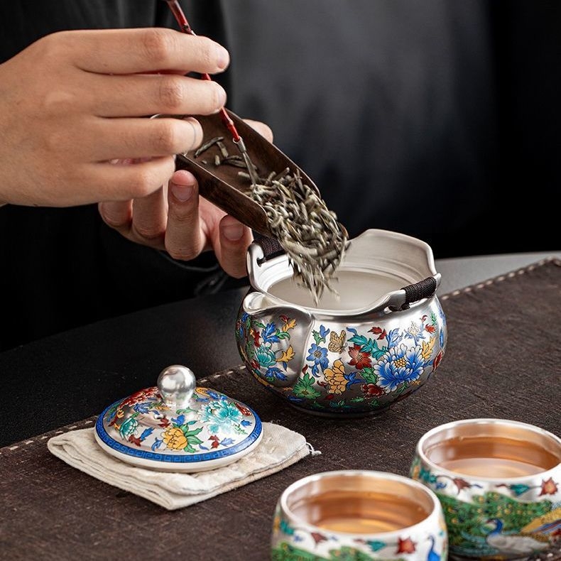 Set Gongfu de ceai de înaltă calitate, ceainic din porțelan și cești, finisaj emailat auriu-argintiu, cu motive florale și de păsări
