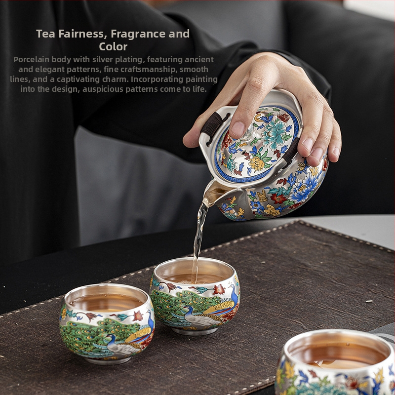 Set Gongfu de ceai de înaltă calitate, ceainic din porțelan și cești, finisaj emailat auriu-argintiu, cu motive florale și de păsări