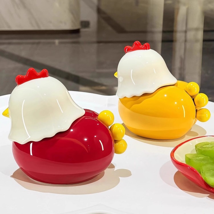 Cutie ceramică pentru scobitori cu design de pui, 2 în 1 pentru uz casnic, set decorativ cu furculițe pentru fructe și spațiu de depozitare pentru vată și ață dentară