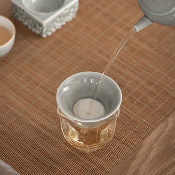 Filtru de ceai din porțelan integral, stil japonez, glazură Ice Grey cu model Lake Stone, filtru alb pentru ceai