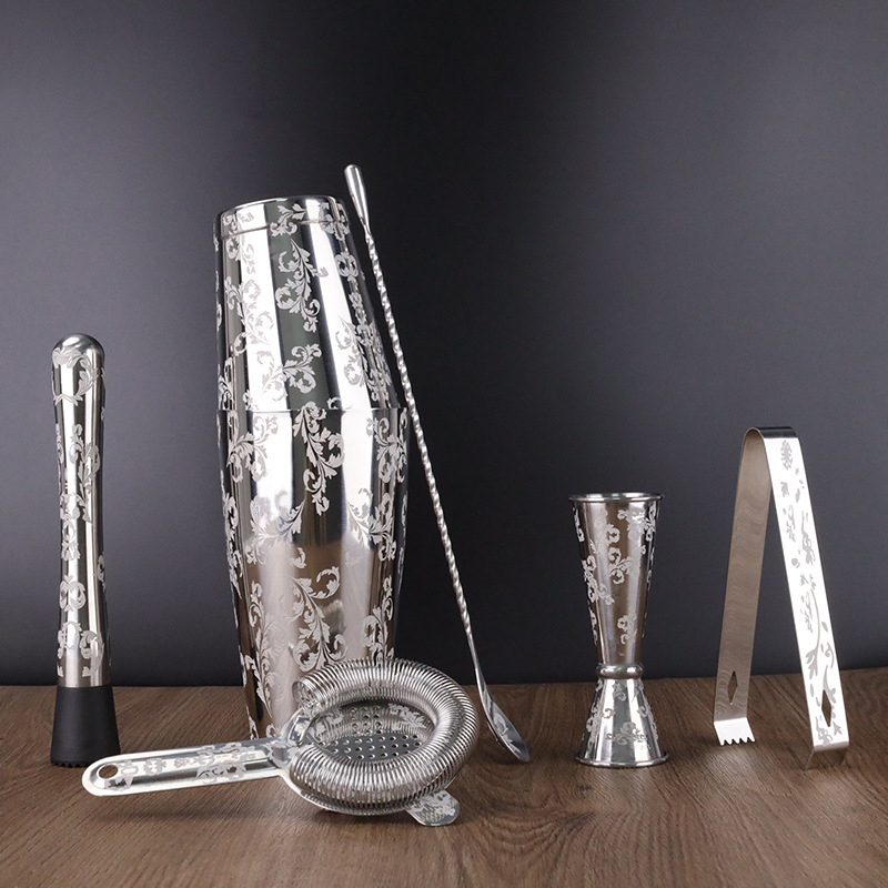 Set Boston shaker din oțel inoxidabil 304, gravat, pentru bar la domiciliu – 6 piese, include filtru pentru gheață, căni de măsurat și lingură de bar