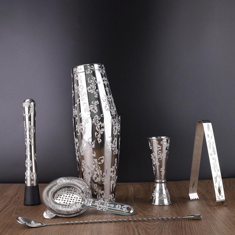 Set Boston shaker din oțel inoxidabil 304, gravat, pentru bar la domiciliu – 6 piese, include filtru pentru gheață, căni de măsurat și lingură de bar