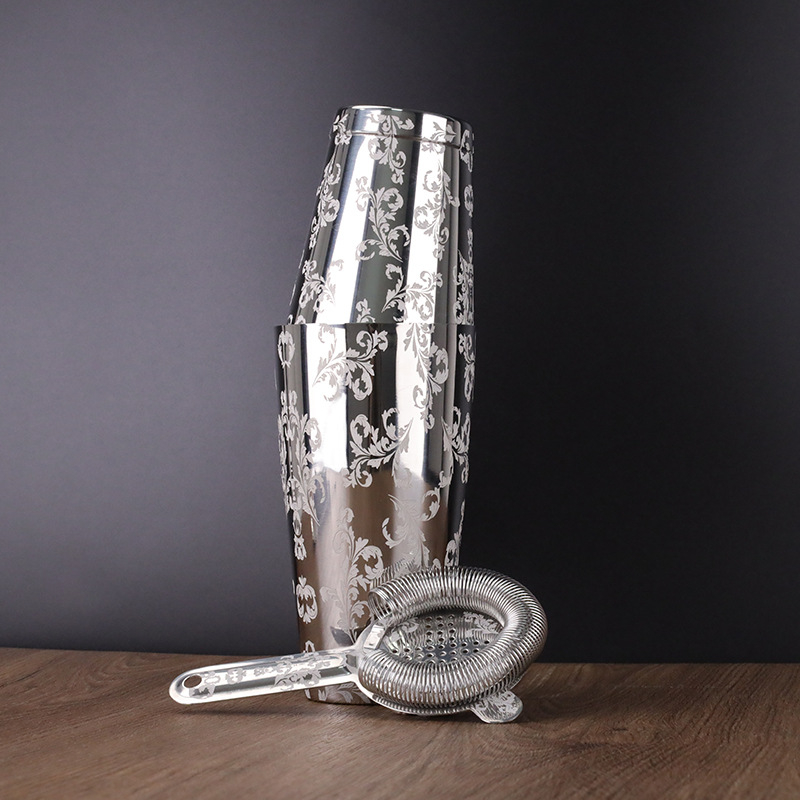 Set Boston shaker din oțel inoxidabil 304, gravat, pentru bar la domiciliu – 6 piese, include filtru pentru gheață, căni de măsurat și lingură de bar
