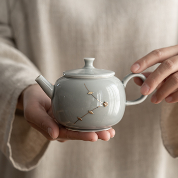 Ceainic ceramic cu mâner, stil japonez, glazură gri înghețată, filtru pentru ceai, mic ceainic