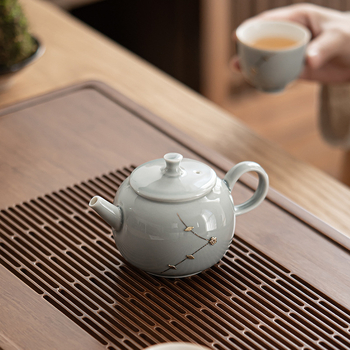 Ceainic ceramic cu mâner, stil japonez, glazură gri înghețată, filtru pentru ceai, mic ceainic