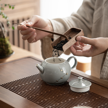 Ceainic ceramic cu mâner, stil japonez, glazură gri înghețată, filtru pentru ceai, mic ceainic
