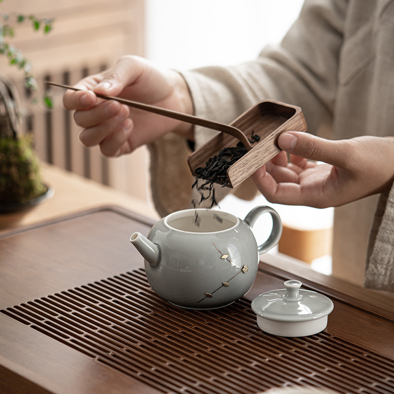 Ceainic ceramic cu mâner, stil japonez, glazură gri înghețată, filtru pentru ceai, mic ceainic