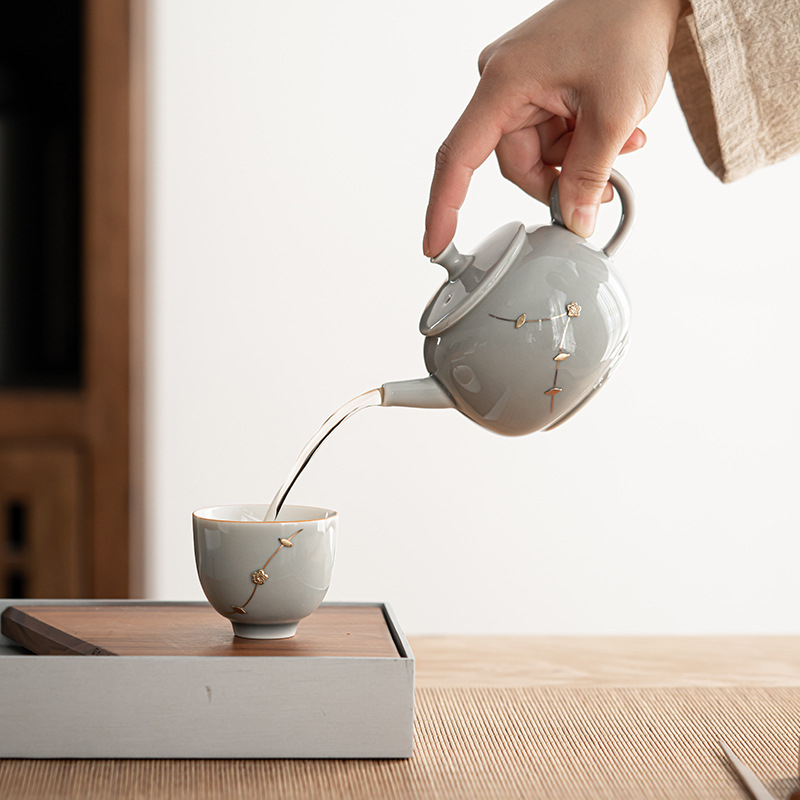 Ceainic ceramic cu mâner, stil japonez, glazură gri înghețată, filtru pentru ceai, mic ceainic