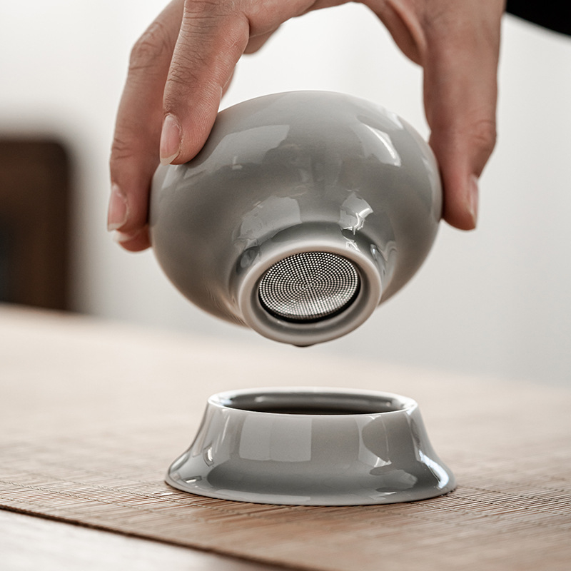 Set ceramic de filtrare ceai cu glazură Ice Ash — strecurător de ceai pentru ceremonia Kung Fu