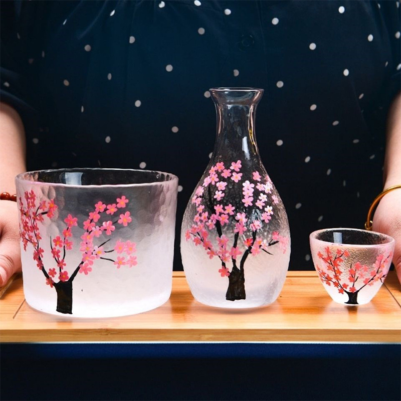 Set de vin din sticlă, stil japonez, cu flori de cireș, 7 piese, lux ușor retro