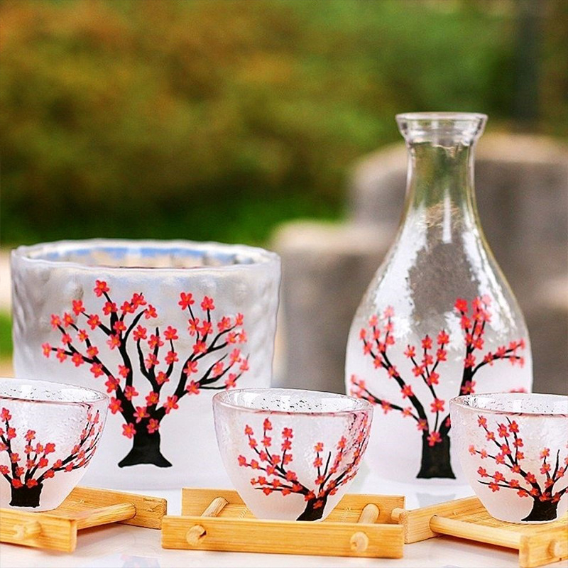 Set de vin din sticlă, stil japonez, cu flori de cireș, 7 piese, lux ușor retro