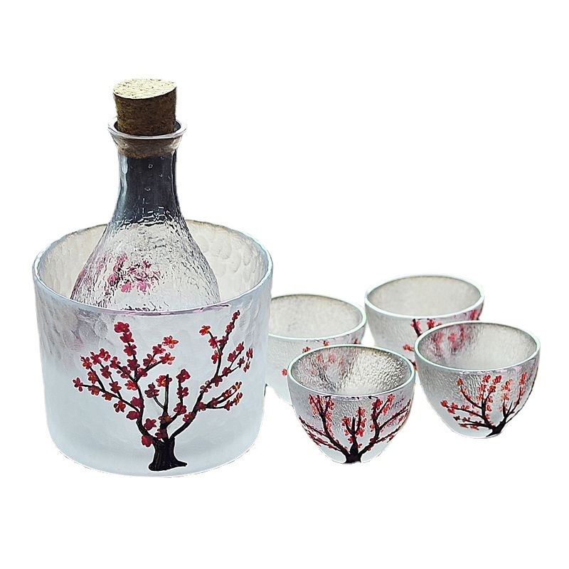 Set de vin din sticlă, stil japonez, cu flori de cireș, 7 piese, lux ușor retro