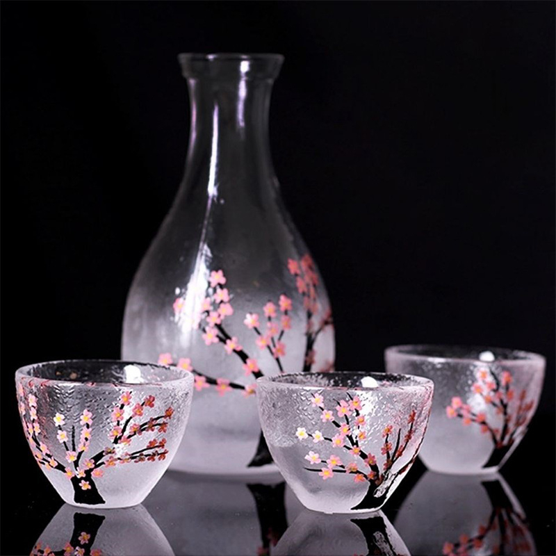 Set de vin din sticlă, stil japonez, cu flori de cireș, 7 piese, lux ușor retro