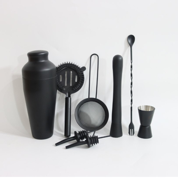 Set de 9 piese pentru cocktailuri, din acrilic negru: shaker, filtru pentru gheață, strecurător și ceașcă de măsurare