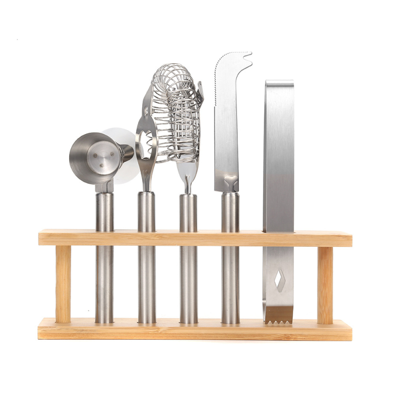 Set de instrumente pentru bar din oțel inoxidabil, stil retro european, cu suport din lemn, 6 piese