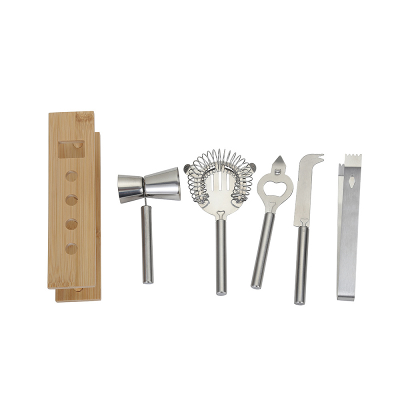 Set de instrumente pentru bar din oțel inoxidabil, stil retro european, cu suport din lemn, 6 piese