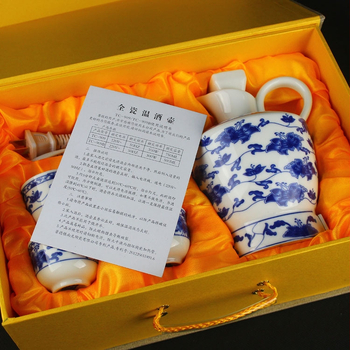 Vas ceramic pentru încălzirea vinului, cu motiv norocos de ramuri răsucite — set de vin albastru-alb pentru uz zilnic