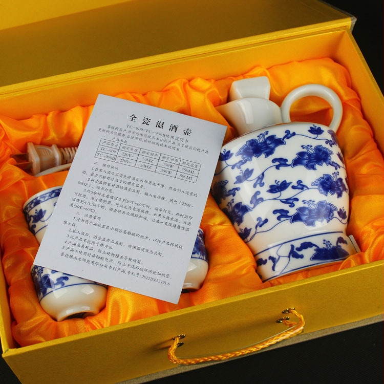 Vas ceramic pentru încălzirea vinului, cu motiv norocos de ramuri răsucite — set de vin albastru-alb pentru uz zilnic