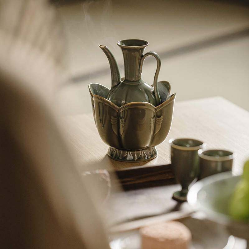 Încălzitor de vin în stil japonez, din ceramică celadon, cu mâner în stilul dinastiei Song, pentru încălzirea sake-ului și a vinului galben