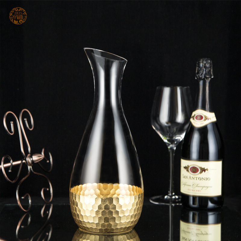Decantor din sticlă creativ, gură înclinată, 1800 ml, fără plumb, decantor mare din sticlă auriu cu textură fagure