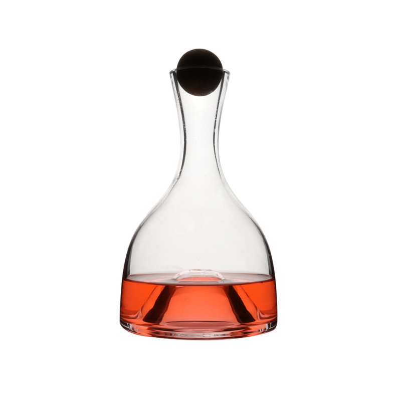Decantor din cristal, lucrat manual, cu fund concav și gură plată, pourer pentru vin cu dop și logo imprimat